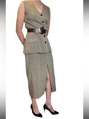 Moda Intl Beige Linen Sleeveless Blazer Skirt Suit Dress Set Belted Size 6